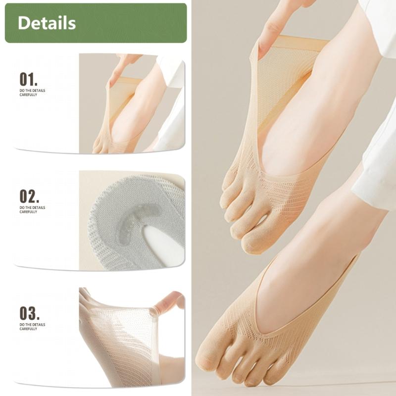 5 Pairs Women's Toe Separated Invisible Socks Breathable Cotton Silicone Grip Antislip Low Cut No Show Design Hosiery
