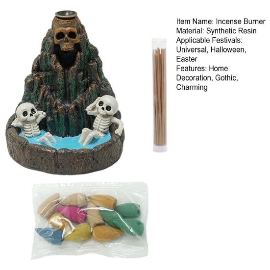 Halloween Skull Mountain Backflow Incense Burner Waterfall Incense Holder with 12 Incense Cones And Stick Resin Aromatherapy Holder for Gothic