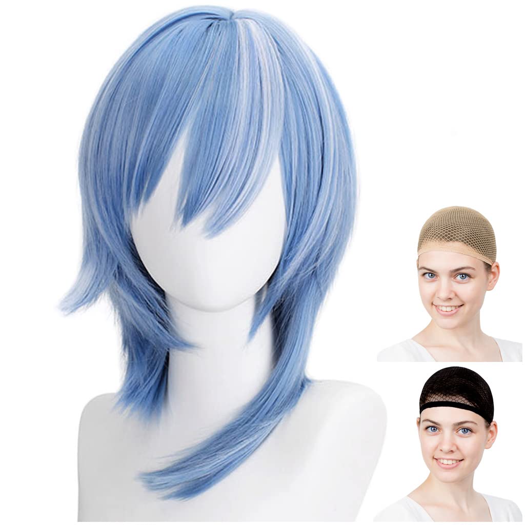 CaseEden Cosplay Wig, Short, Heat-Resistant, Light Blue & White Mix Colors, Set of 2 Wig Nets