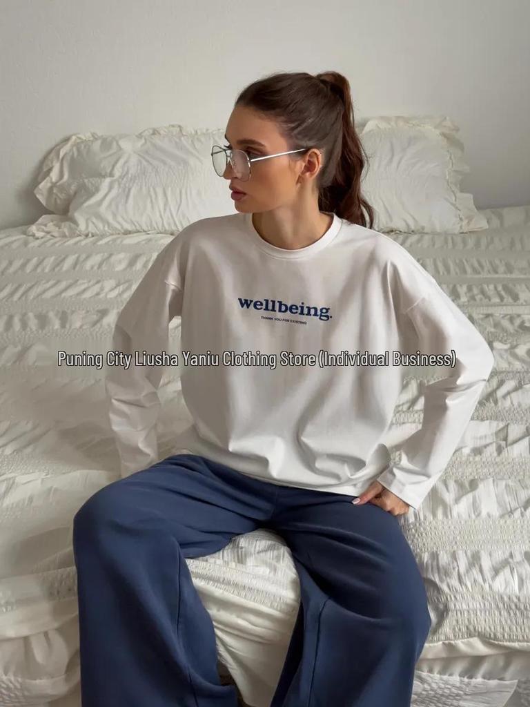 100% Cotton Long Sleeve Letter Print T-Shirt - Autumn European & American Style, New Loose Fit, Comfortable & Simple.