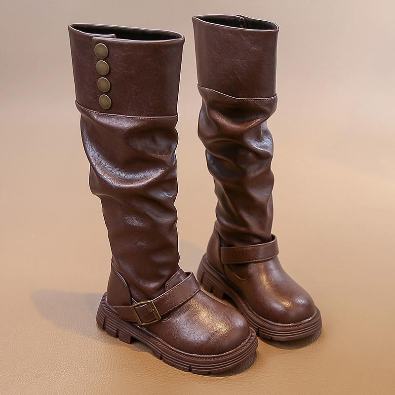 Girls Winter Fashion Banquet Warm/Soft Thick-soled Evening Long Knee-high Boots Baby Single/Velvet Buckle Retro Riding Boots