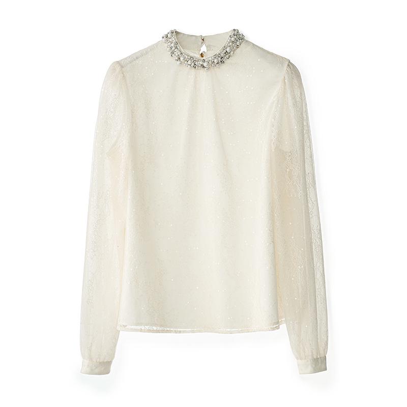 Cămașă de primăvară pentru femei Nanyou Light Luxury cu guler cu mărgele, plasă cu paiete, dantelă brodată