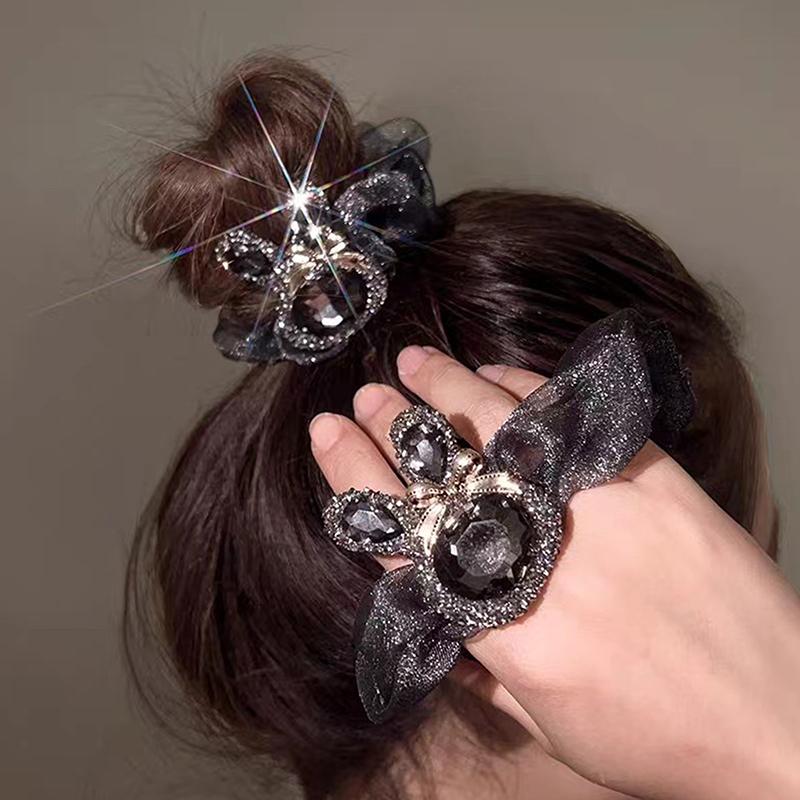 

Fashion Rhinestone Rabbit Organza Scrunchies Women Hair Rope Retro Ponytail Holder Hair Band Elastic Hair Tie Black 01