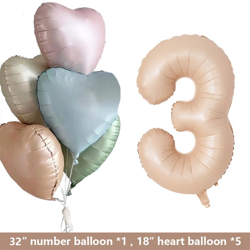 1set Retro Caramel Heart Balloons with 32inch Number Foil Balloon For Kids 1st Birthday Party DIY Decoration Supplies Wedding