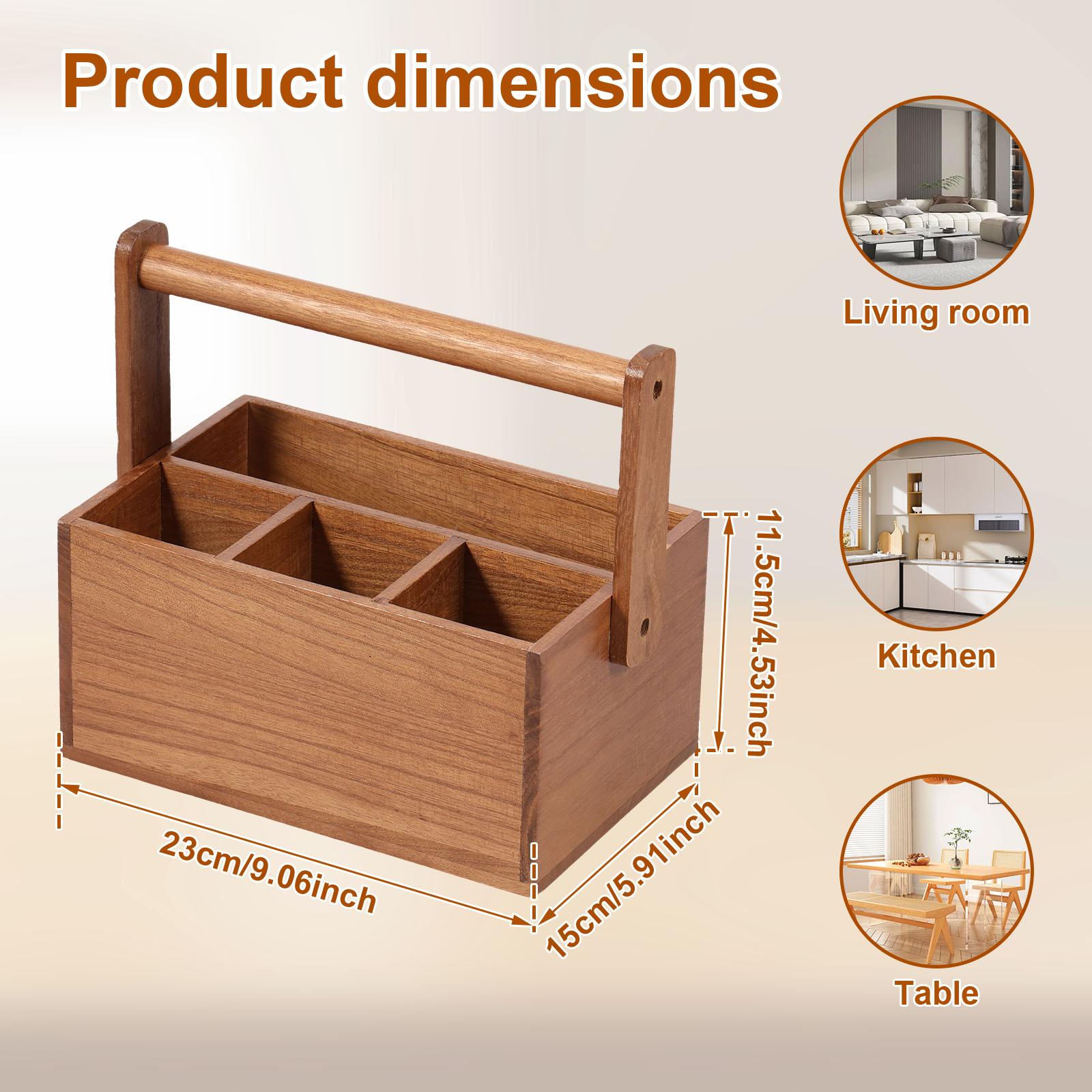 Wooden Kitchen Cooking Utensil Holder with Handle 4 Compartments Caddy Cutlery Holder for Silverware Kitchen Counter Organizer