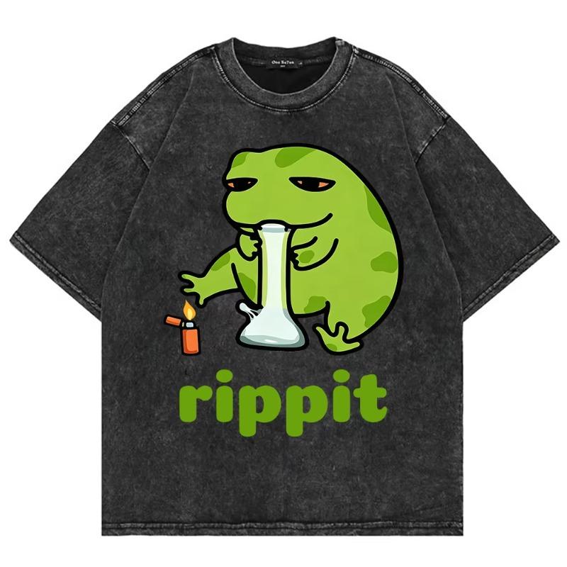100% Cotton Vintage Washed Y2K Funny Rippit T Shirt Fashion Men/Women Aesthetic Retro Frog Oversize Loose Wash Tees Shirts