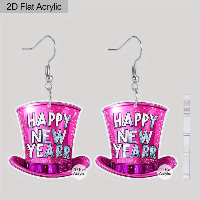 2D Flat Happy New Year Bowler Hat Dangle Earrings, Lightweight Acrylic Material, Ideal for Party Gifts, Jewelry, and New Year Gifts.