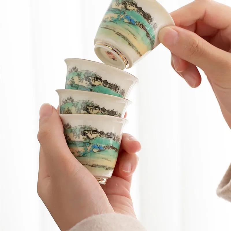 1 Pc Chinese Ceramic Teacup Meditation Cup Handmade Landscape Pattern Tea Bowl Porcelain Tea Cup Household Tea Set Accessories