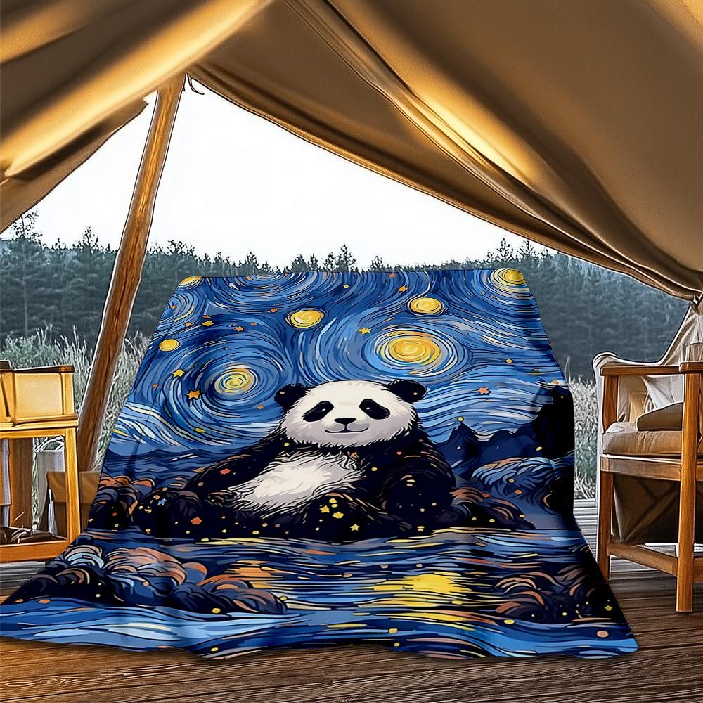 1pc Panda Night Sky Print Outdoor Blanket, Lightweight Polyester,