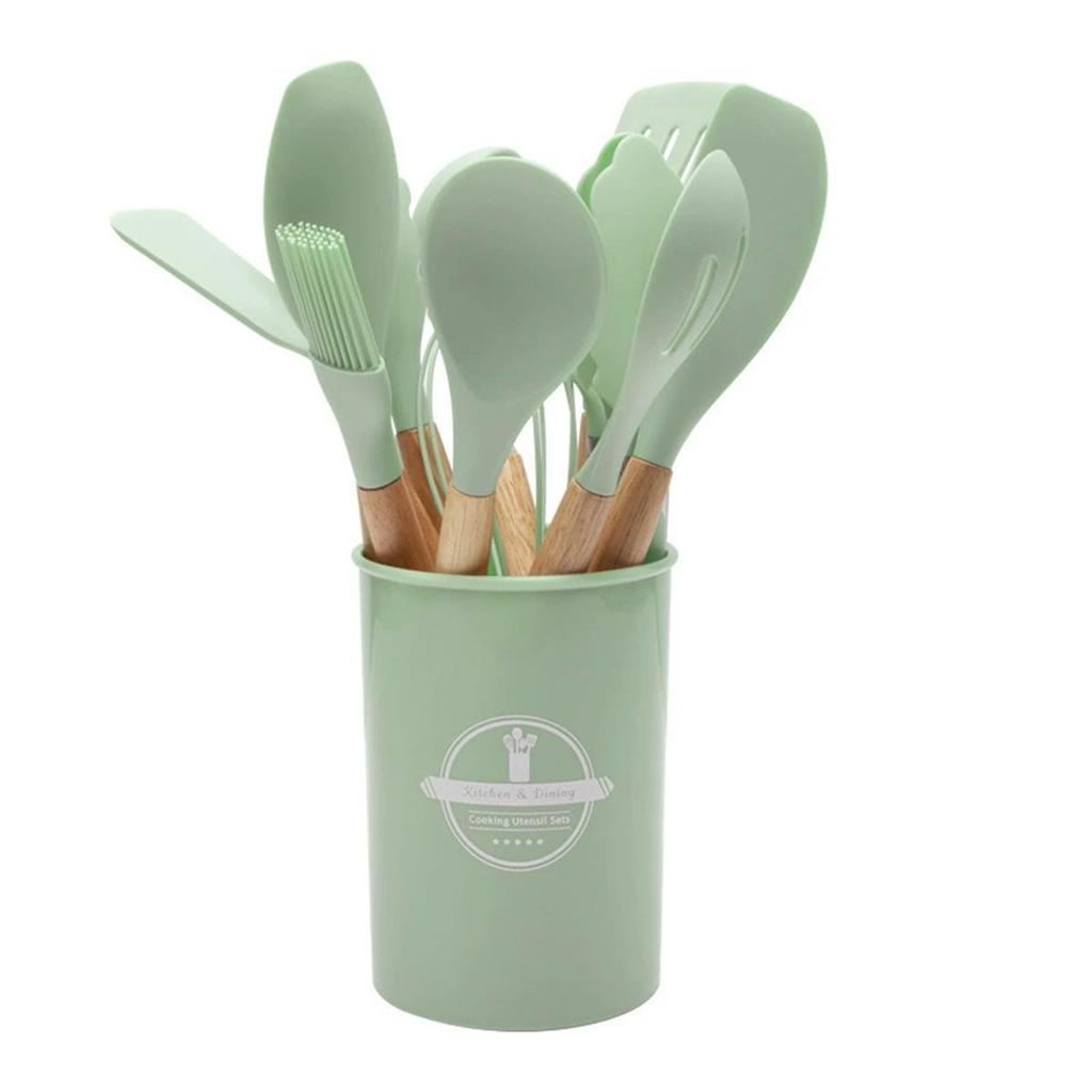 12-Piece Silicone Kitchenware Set with Wooden Handles - Non-stick and Heat Resistant Spatula & Soup Ladle
