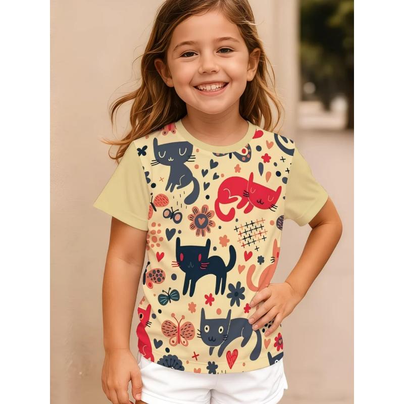 Girl Clothing Summer Kawaii Cat Graphic 3D Print T-Shirt Kids Girls Clothes Outdoor Short Sleeve Causal Children Top for Girls