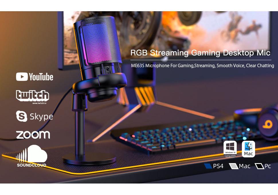 RGB Capacitor Wired Microphone for Gaming, Singing, Live Broadcast & Recording with Sound Card (ME6S)