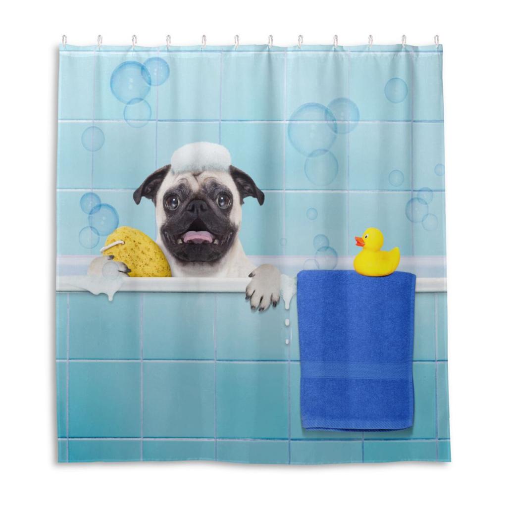 Pug Dog In A Bathtub Shower Curtain Waterproof Polyester Fabric Washable Bath Curtain Screen With 12 Hooks Bathroom Decoration