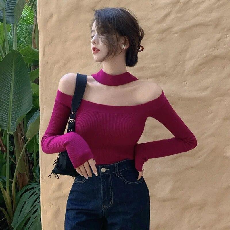 

Женский свитер с длинными рукавами и открытыми плечами, подарок для семьи, весна-осень One Size