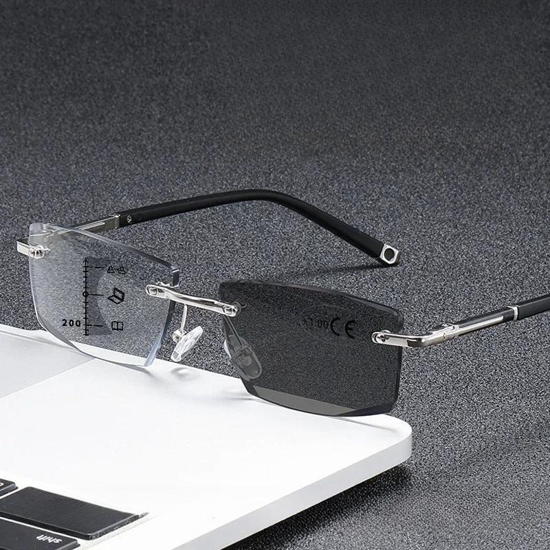 Rimless Pochromic Reading Glasses for Men Women Multifocal Far Sighted Eyewear Retro Anti-blue Light Presbyopia GLasses