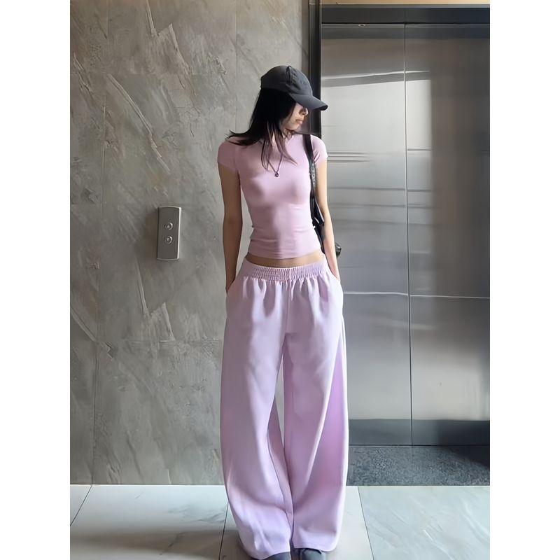 

American Retro Sexy Pink Casual Wide Leg Sweatpants Women s Summer 2025 New Arrival Low Waist Loose Straight-leg Sports Pants Pink Short Sleeve M