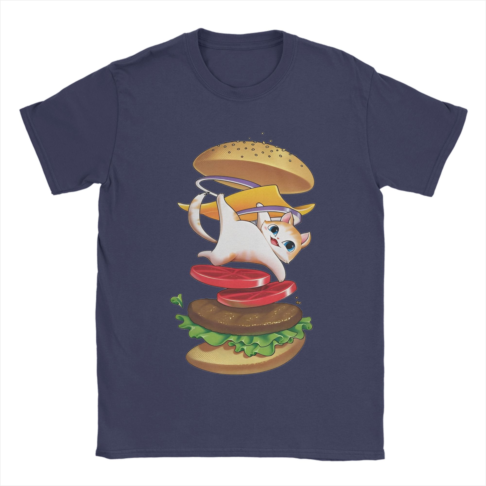 

Mens T-Shirt Hamburger Cat T-Shirts Harajuku Summer Tees Vintage Casual 100% Cotton Clothing Gift Idea 4XL
