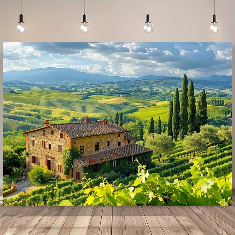 Rural landscape background, green countryside with blue sky and farmhouse design, universal festival decoration (as the picture,180X110)