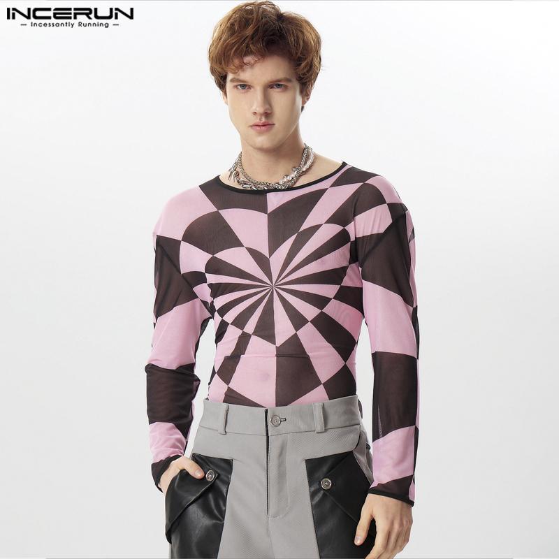 

INCERUN Мужские прозрачные сетчатые топы с круглым вырезом и длинными рукавами с принтом