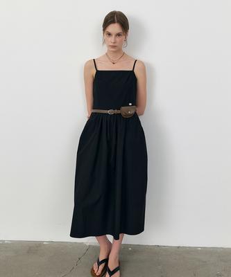 Roeil Gathered Cotton Maxi Sleeveless Dress_Black
