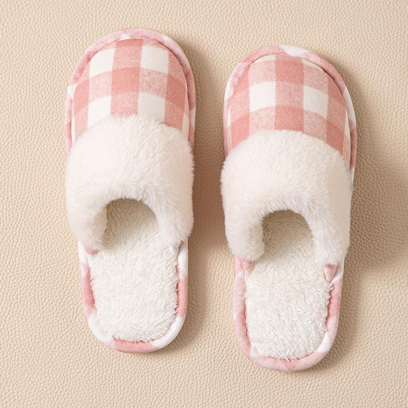 Retro plaid cotton slippers men's winter indoor home non-slip thick-soled plush warm cotton slippers women's winter