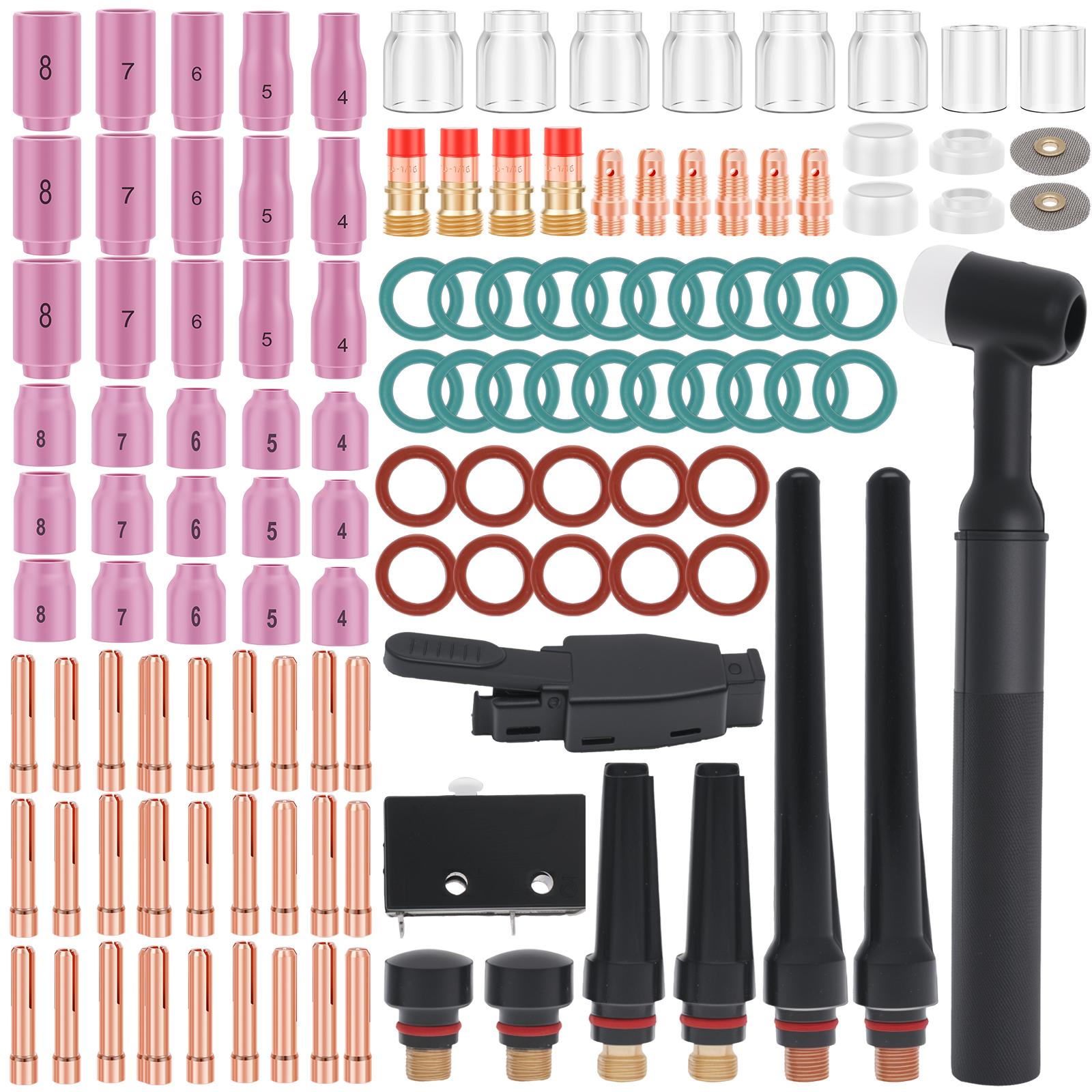 

124 Pcs TIG Welding Torch Kit Alumina Nozzle, Collets, Stubby Gas Lens Heatproof Glass Cup, Consumables for WP-17/18/26