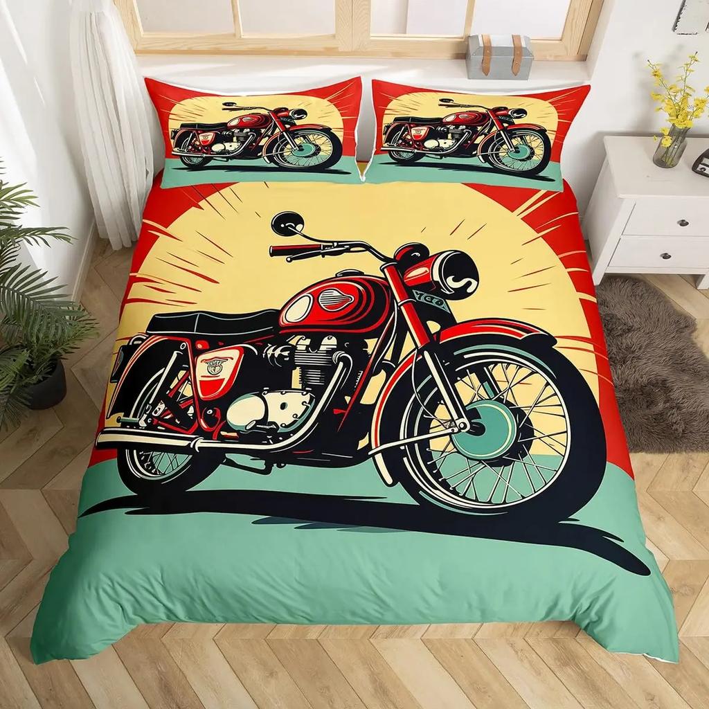 3pcs Cool Motorbike Bedding Set Dirt Bike Duvet Cover Twin Motocross Rider Comforter Cover Extreme Sports For Boys Adults