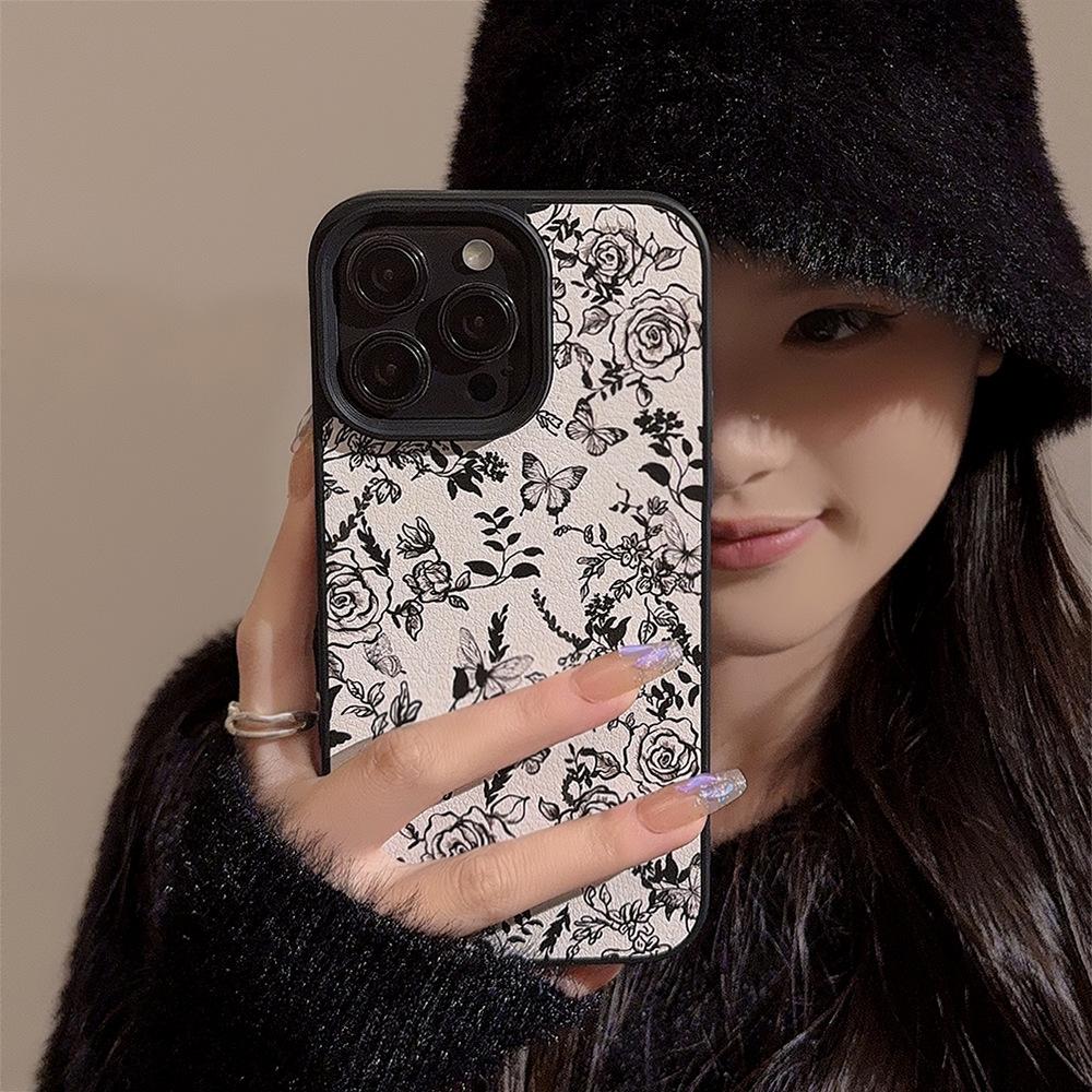 Temperament Ins Rose Flower for Apple 15 Mobile Phone Case 17pro Max Leather 11 for IPhone16 Literature and Art