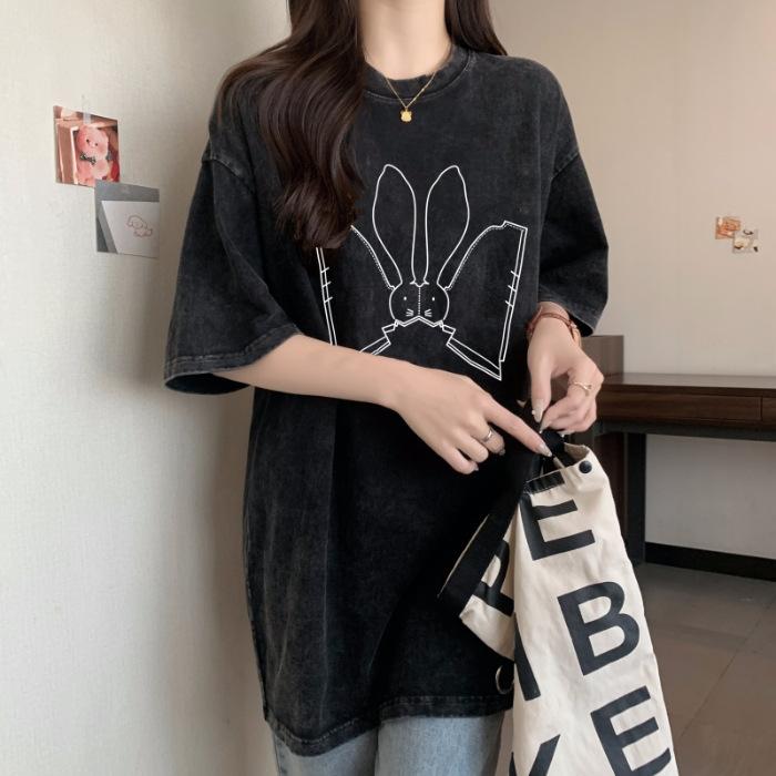 

Американская ретро черная футболка с коротким рукавом и открытыми плечами женская летняя летний дизайн нишевая короткая свободная футболка ns модный бренд M промывают черный