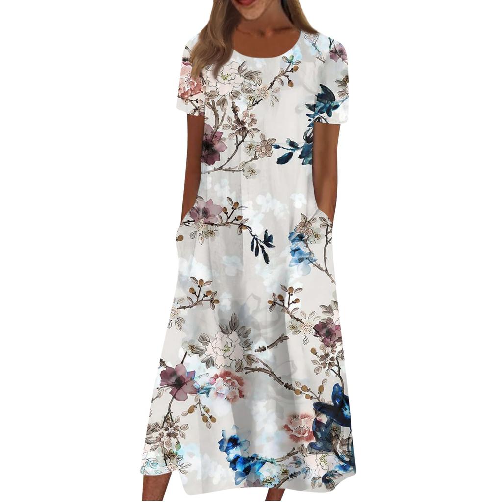 Women's Casual Dresses Printed Dresses Summer Dresses Printed Pleated Round Neck Midi Dresses Basic Classic Outdoor Daily Short Sleeve Loose Dresses