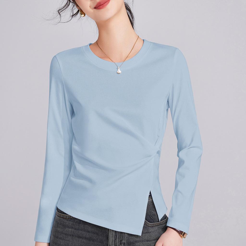 Spring and Autumn New Crew Neck Irregular Long Sleeve Women's Slim Pleated Design Niche Bottom Shirt Top