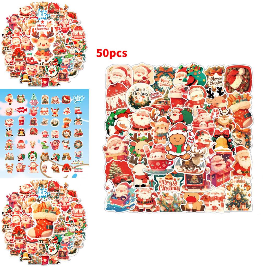 Original 50 Christmas Party Stickers Cute Cartoon Designs Colorful Waterproof Adhesive