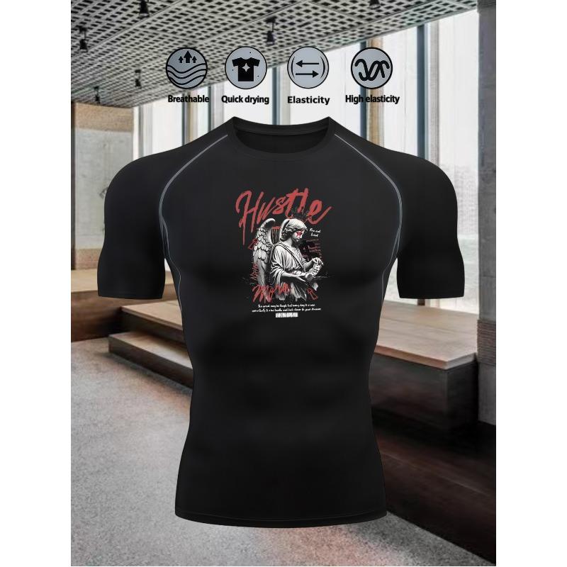 Men's Compression Shirt Quick Dry Navy Blue Gym T-Shirt "HUSTLE" Fallen Angel Print Workout Sportswear