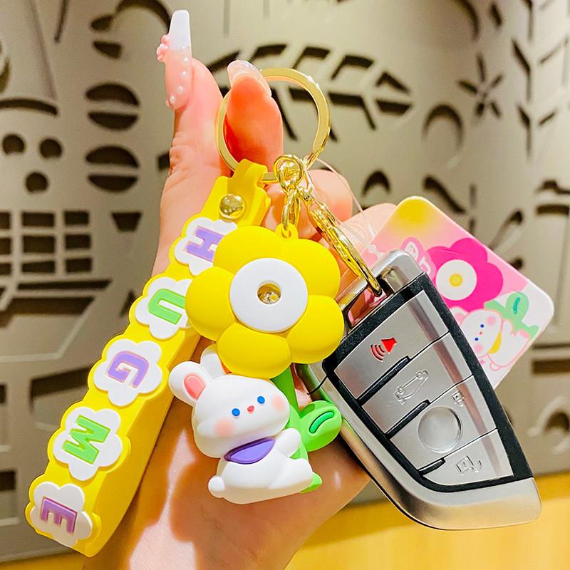 Adorable Rabbit Flower Night Light Keychain Cute Cartoon Bag Charm Couple Gift