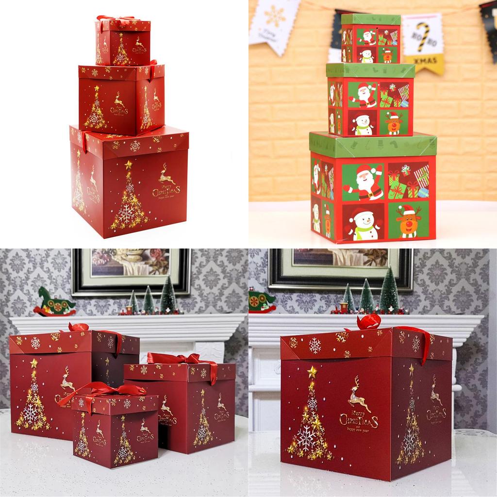 Große Premium 3-teilige Weihnachtsgeschenkbox mit Deckel Band Weihnachten Geschenk Quadratische Box