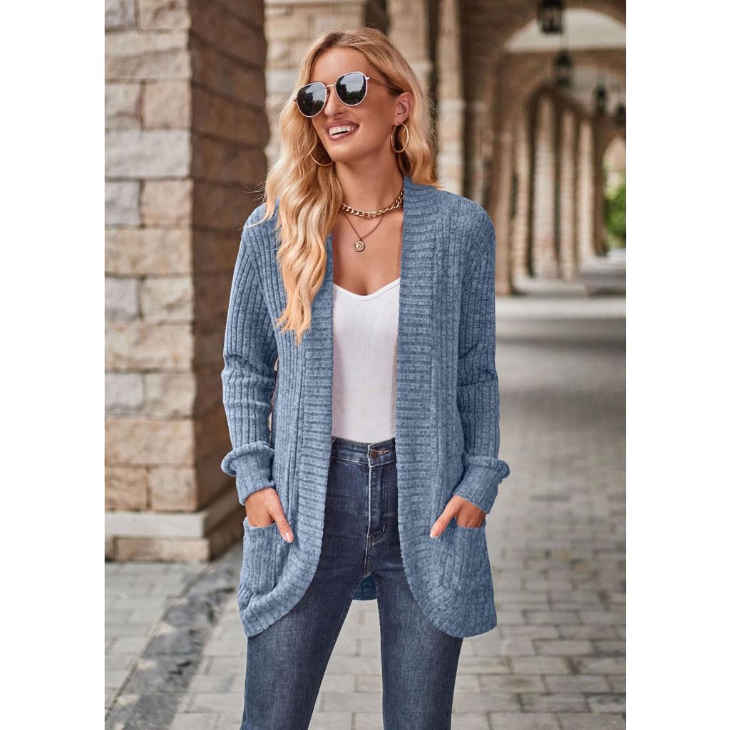 2025 Autumn New Women's Solid Color Ribbed Fleece Casual Patchwork Long Sleeve Cardigan Coat