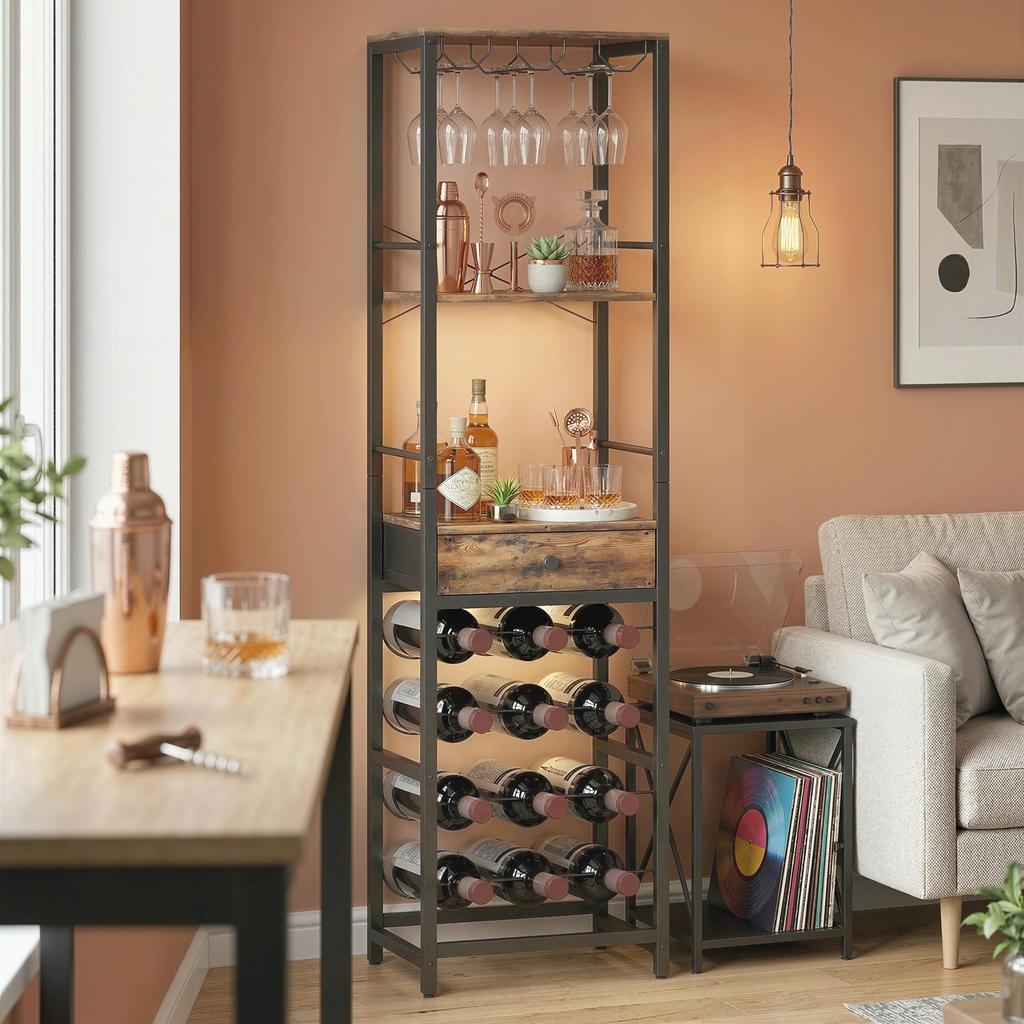 Wine Bar Cabinet with Drawer, Industrial Bar Cabinet, Wine Rack for 12 Bottles, Glass Holder, Rustic Brown