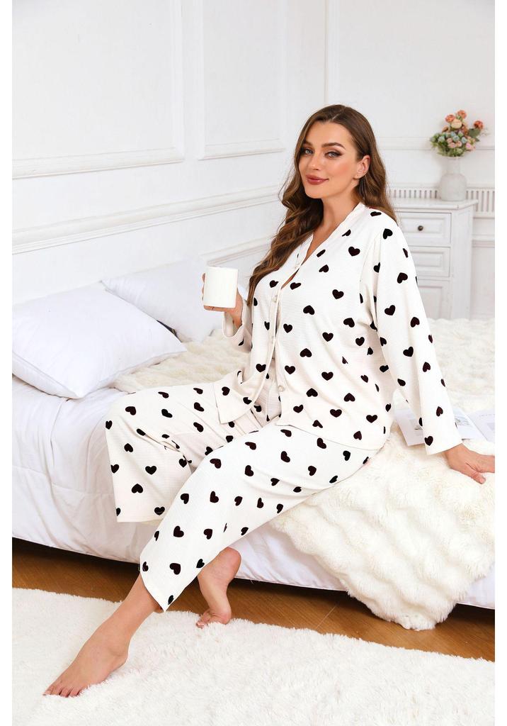 Heart Print Plus Size Women's Long Sleeve Pajama Set