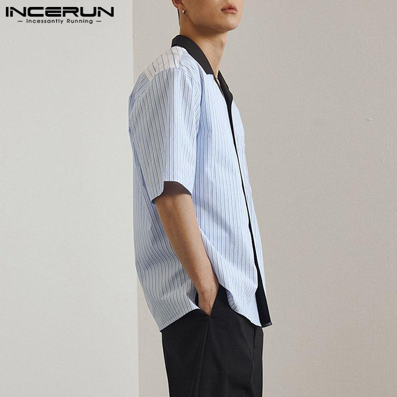 INCERUN Men Summer Oversized Short Sleeve Patchwork Striped Buttons Casual Shirts Tops