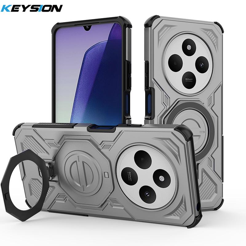 KEYSION Shockproof Magnetic Case for Redmi 14C Silicone+PC Upright Live Metal Ring Stand Phone Back Cover for Xiaomi POCO C75