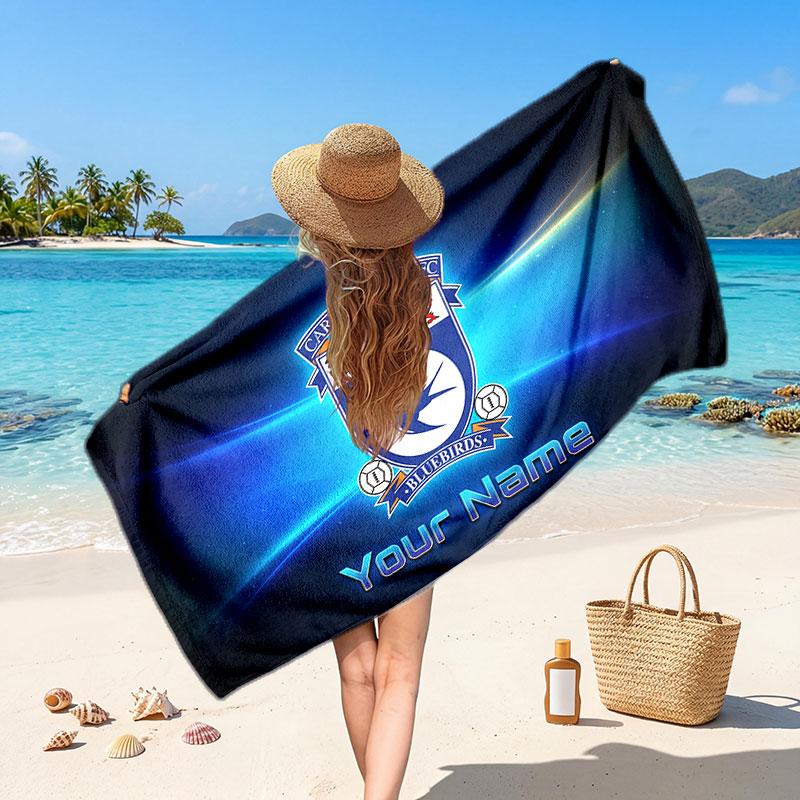 Cardiff City Custom Beach Towel, Personalized Name Text Print, Football Logo Soft Quick‑Dry Towel Holiday Gift