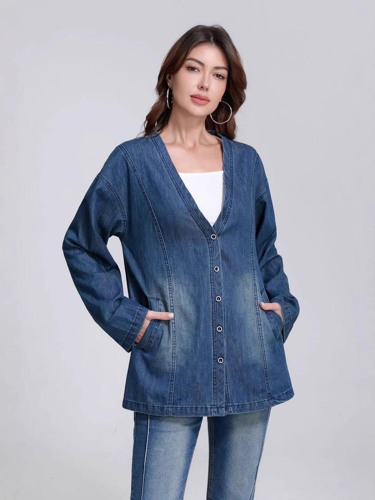 Stylish V-Neck Loose Denim Jacket - Early Autumn Casual Design