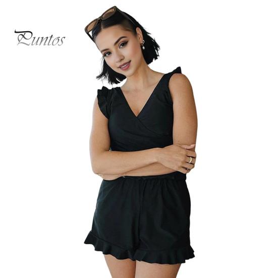 

Летний женский комбинезон с рюшами и V-образным вырезом с высокой талией, чистый цвет, мягкий плиссированный облегающий комбинезон без рукавов, пляжный короткий комбинезон для свиданий L чёрный