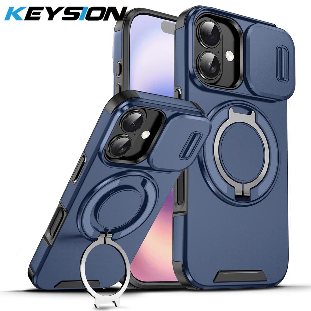 KEYSION 360° Rotating Ring Stand Phone Case for iPhone 17 Silicone+PC Slide Camera Protection Magnetic Shockproof Back Cover