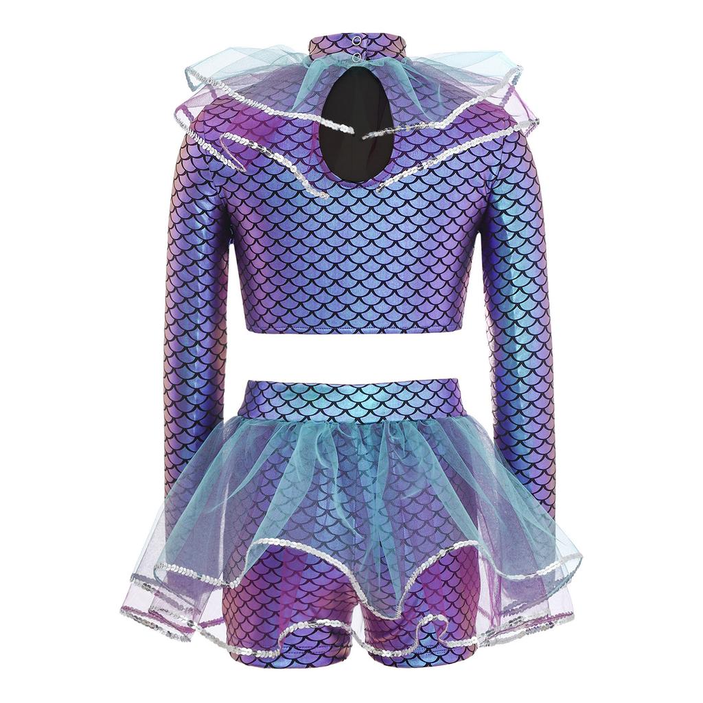 Ensemble Short et Crop Top Mailles Sequins Imprimé Écailles de Poisson Manches Longues Costume Cosplay Sirène pour Filles