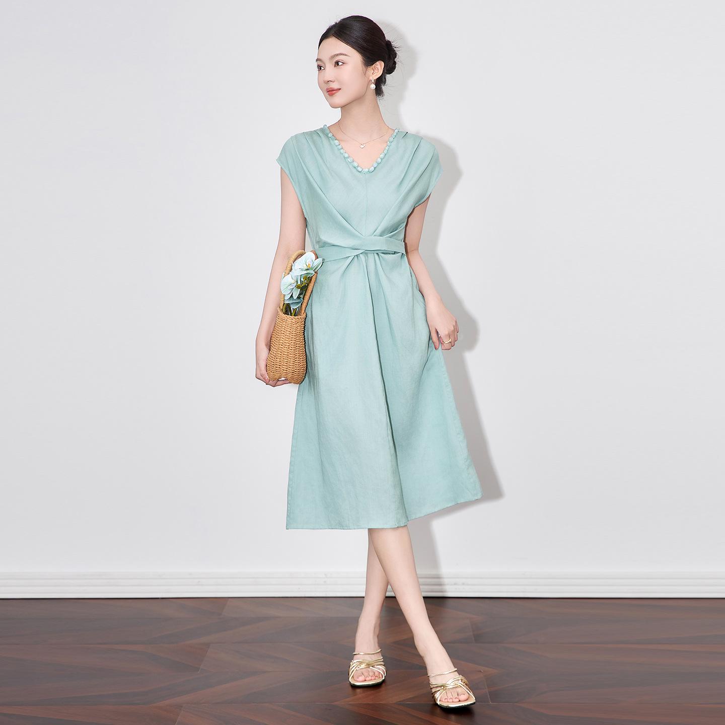 

Light Luxury French Slimming Irregular Ruched Waist Tie Dress - Women s Summer Fashion Large зелений