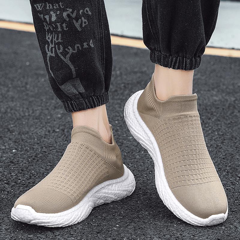 Fashion Khaki New Trendy Lovers Casual Shoes Male Breathable Lightweight Flying Knitted Shoes Ladies Outdoor Non-slip Sports Sneaker 45