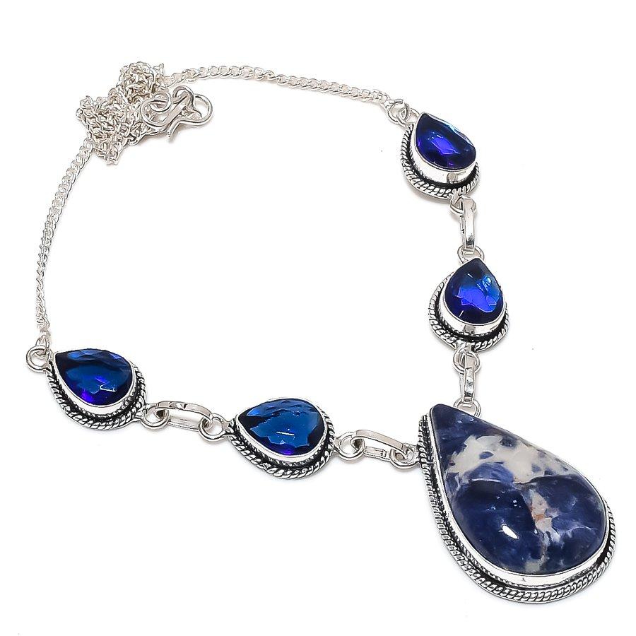 Natural Sodalite, Quartz Gemstone 925 Sterling Silver Jewelry Necklace 18" i9e99