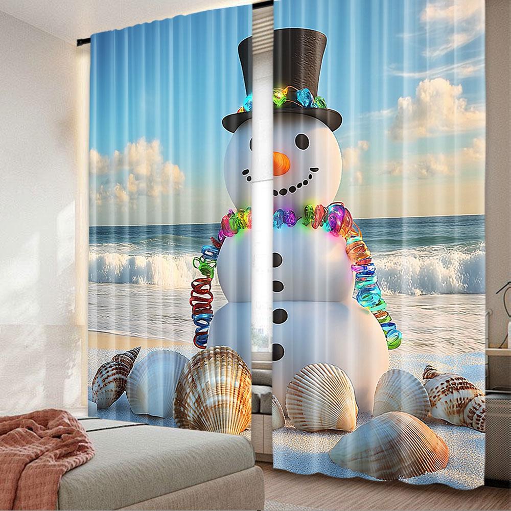 

2Pcs Snowman Curtain Winter Vacation Holiday Theme Figure Seashells Sitting On Sandy Beach Coastal Suitable For Living Room And 29x65in(75x166cm)