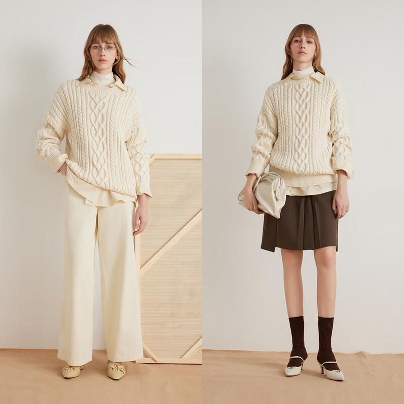 ELLE Women's Cable Knit Round Neck Sweater